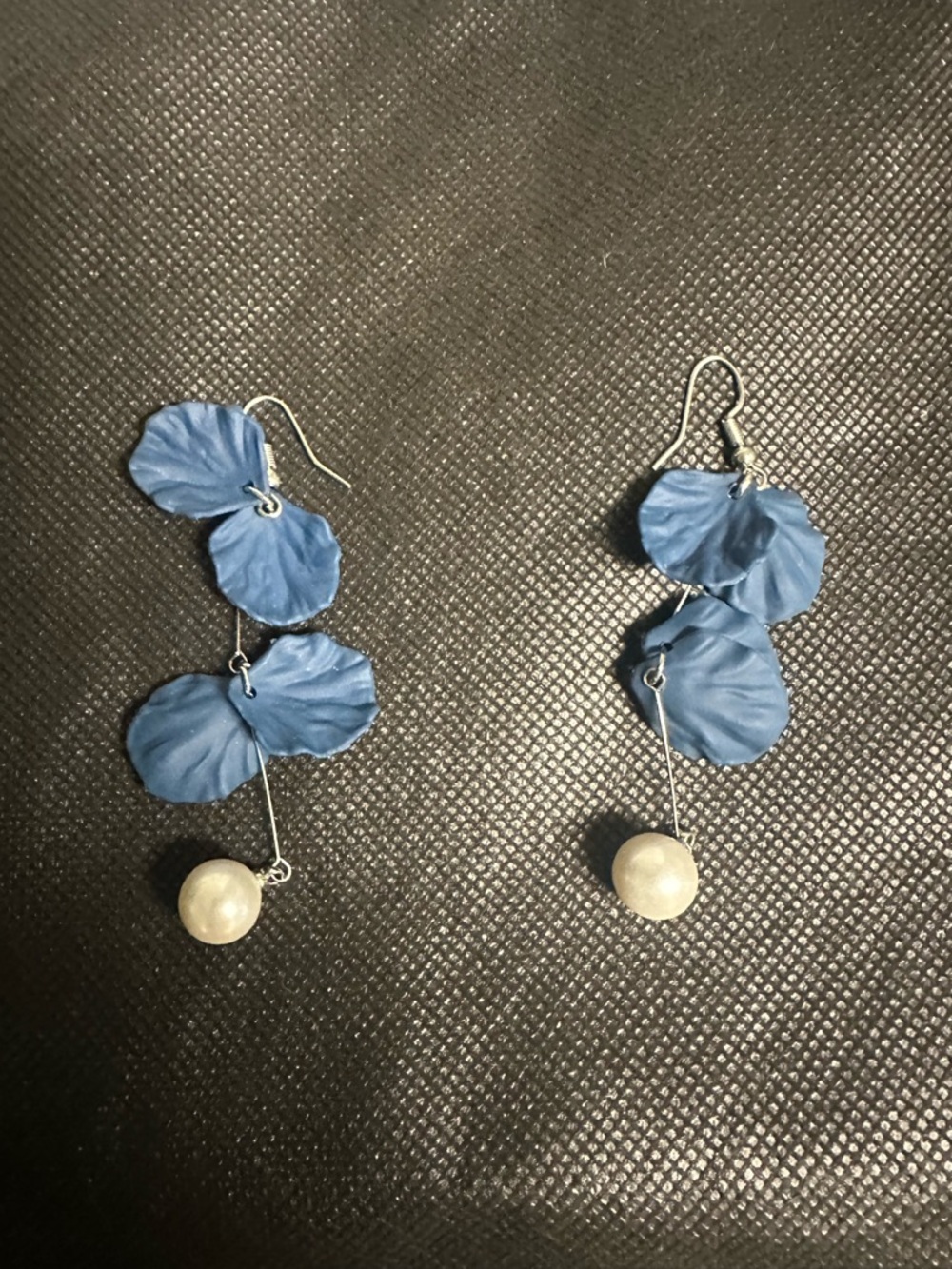 Blue Floral Drop Earrings with Pearl Accent - Women Jewelry